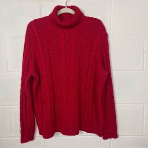 Lands' End Women's Red Turtleneck Sweater Wool Blend Cable‎ Knit Fisherman XLP